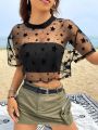 Summer Outfits Star Print Drop Shoulder Crop Mesh Top Without Camisole. 