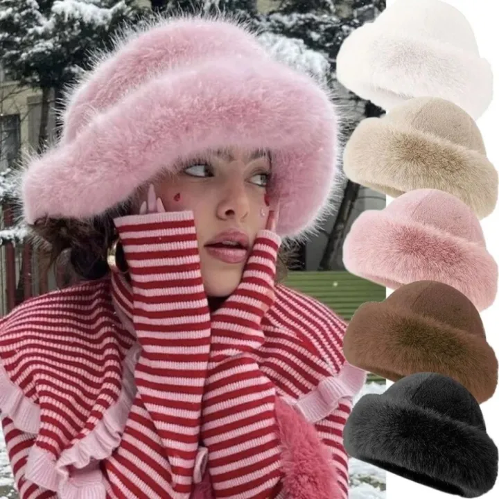 New%20Fluffy%20Fur%20Winter%20Hat%20Solid%20Color%20Thicken%20Bucket%20Hat%20Cold%20Windproof%20Berets%20Chrismas%20s%20-%20Image%203