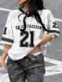 2026 Summer New Retro Enjoy Freedom No.21 Print T-Shirt For Women V-Neck Short Sleeve Sports Football Jersey Y2K Oversized Tops.