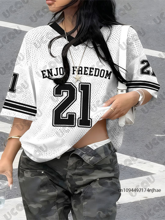 2026 Summer New Retro Enjoy Freedom No.21 Print T-Shirt For Women V-Neck Short Sleeve Sports Football Jersey Y2K Oversized Tops
