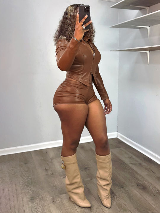 Nibber%20Faux%20Leather%202Piece%20Set%20Women%20Tracksuit%20Trend%20Zip%20Stand%20Collar%20Jacket+Bike%20Short%20Matching%20Activity%20Hottie%20Hipster%20Outfits%20-%20Image%204