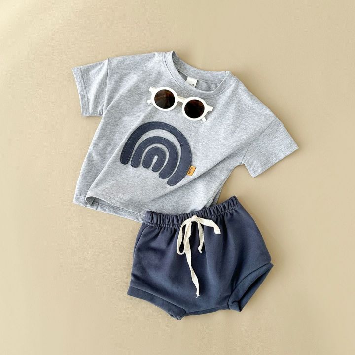 Infant%20Suit%20Baby%20Boy%20Clothes%20Girls%20Set%20Summer%202Pcs%20Newborn%20Baby%20Clothing%20Leisure%20Vacation%20Rainbow%20Patchwork%20T-shirt+Beach%20Shorts%20-%20Image%202