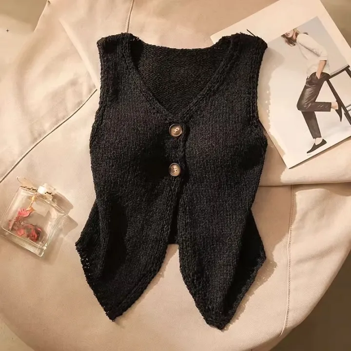 Summer%20Women%20Fashion%20Solid%20Color%20Chic%20Buttons%20V-neck%20Sleeveless%20Knitted%20Camisole%20-%20Image%202