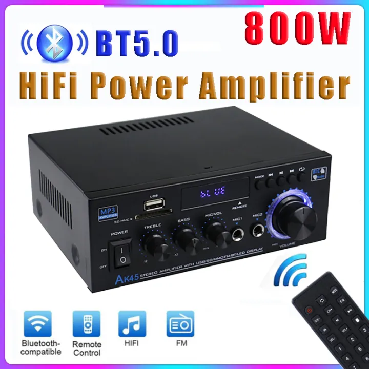 AK35/AK45 800W Home Power Amplifier 2 Channel Bluetooth 5.0 Mini Hifi Digital Stereo Sound Amplifier Support FM USB SD Mic input