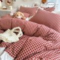3pcs red,black plaid Duvet Cover Set (1*Duvet Cover + 2*Pillowcase, Without Core), Lace embroidery Bedding Set. 