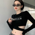 Summer fashion women's long sleeve T-shirt women's round neck T-shirt fashion blouse women waist cropped top. 