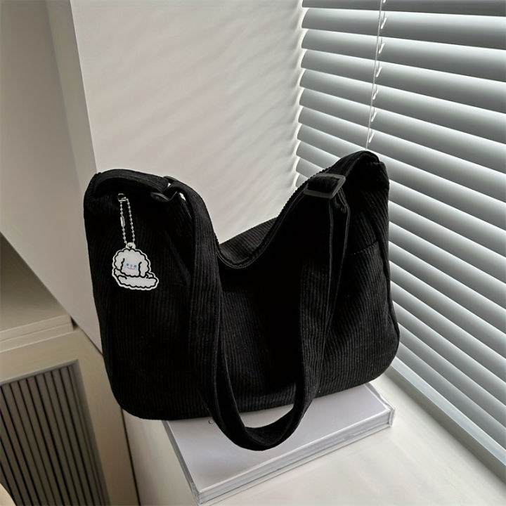 Women%E2%80%99s%20Corduroy%20Shoulder%20Bag,%20Casual%20Striped%20Large%20Capacity%20Tote%20with%20Zipper%20Closure,%20Cute%20Hat%20Patch,%20Perfect%20for%20Everyday%20Use%20-%20Image%202