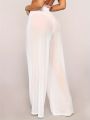 Hot Selling Mesh Wide Leg Pants In Europe And America  Perspective High Waisted Straight Leg Pants Solid Color Loose Pants. 