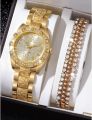 2pcs Women's Fashion Versatile Diamond Steel Band Watch and Breslate. 