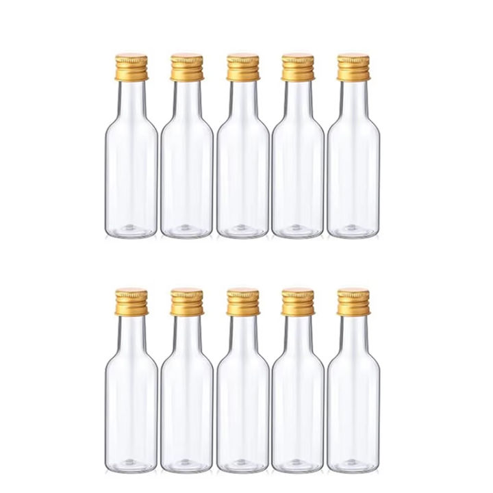 10Pcs Mini Liquor Bottles 50ml Plastic Spirit Bottles Silver/ Gold/ Black Caps Alcohol Shot Bottles