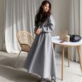 Autumn Winter Casual Women Hooded Cotton Long Dress Long Sleeved Pullover Solid Hoodie Shirring A-Line Floor-Length Rib Dresses.
