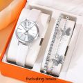 3Pcs Ladies Fashion Trend Simple Digital Star Pointer White Leather Quartz Watch Butterfly Rhinodiamond Cat's Eye Bracelet Set. 