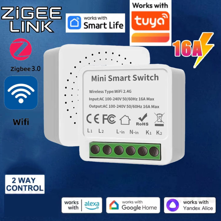 16A/20A Wifi / Zigbee 3.0 Mini Smart Switch Support 2-Way Control Smart Life APP Works With Tuya Alexa  Home Yandex Alice