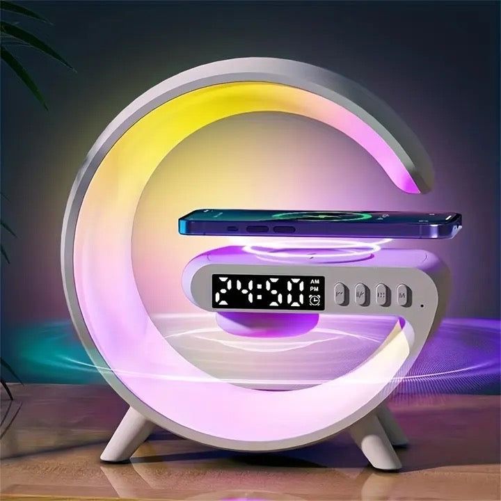 G speaker multifunctional 4 in 1 RGB lights desk lamp wireless charging and clock alarm rechargeable gaming setup decoration speaker full running item Abs plastic hi -fi quality performance amplifier desktop speaker