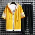 Set for Men Summer Men's Sports Suit 2-piece Print T-shirt Casual Hooded Quick Dry Running Long Pant Clothes Short Sleeve Shorts. 