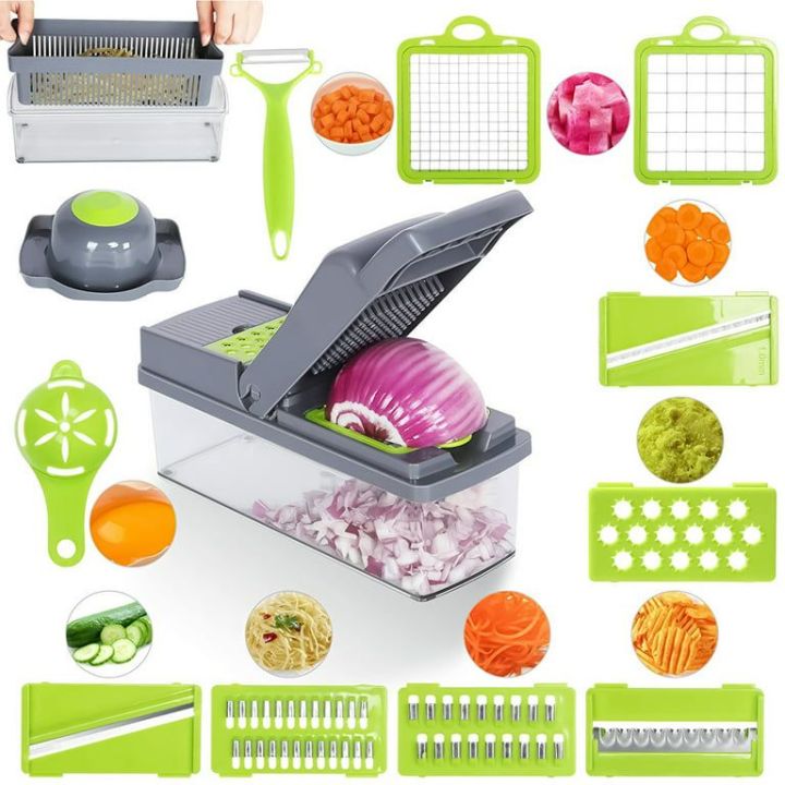 Best Quality 14 in 1 Multifunctional Vegetable Onion Chopper Dicer Slicer, Kitchen Mandoline Food Chopper Cutter Slicer with 8 Blades, Carrot and Garlic Chopper with Container