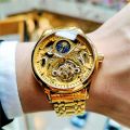AOKULASIC Vintage Mechanical Watches Gold Tourbillon Moon Phase Skeleton Automatic Watch for Men Luminous Hands Wristwatches. 