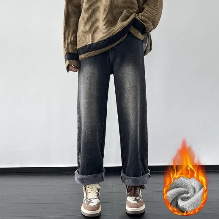 4%20Colors%20Winter%20Fleece%20Men's%20Jeans%20Baggy%20Straight%20Elastic%20Waist%20Denim%20Pants%20Fashion%20Korean%20Thickened%20Warm%20Male%20Thermal%20Trousers%20-%20Image%203