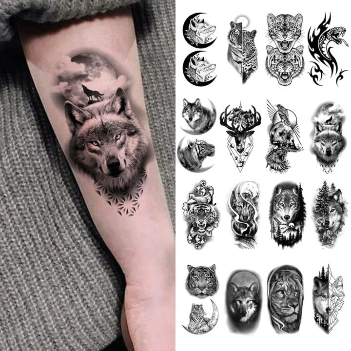 10pcs Waterproof Temporary Tattoo Sticker Dark Wolf Lion Tiger Eagle Snake Deer Skeleton Scorpion Body Art Arm Tattoo Women Men