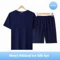 New Ice Silk Short-Sleeved Pyjamas for Men Summer Homewear Set Modal Seamless Crew Neck Lightweight Short-Sleeved T-Shirt Set. 