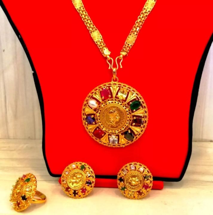 Gold Plated Navaratna Pendant/Locket With Chain ,Earring And Ring For Women