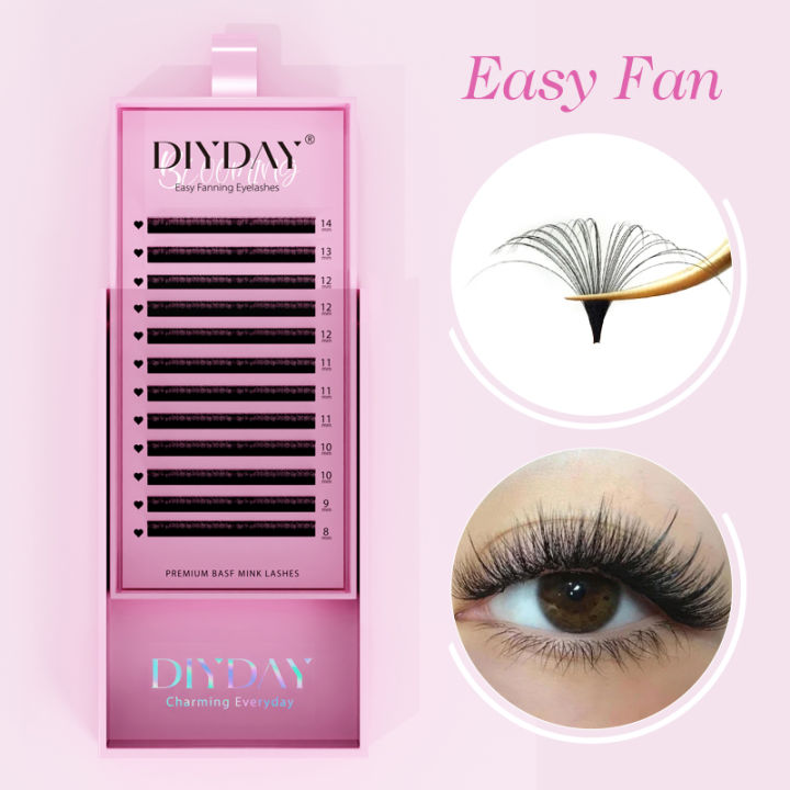 DIYDAY Easy Fan Volume Eyelash Extensions Wholesale C D Curve Easy Blooming PBT Mink Eyelashes Camellia False Lashes Supplies