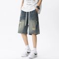 Summer Thin Denim Shorts Men's Retro Streetwear Blue Gray Stretch Straight Loose Fashionable Casual Ripped Short Jeans Men.