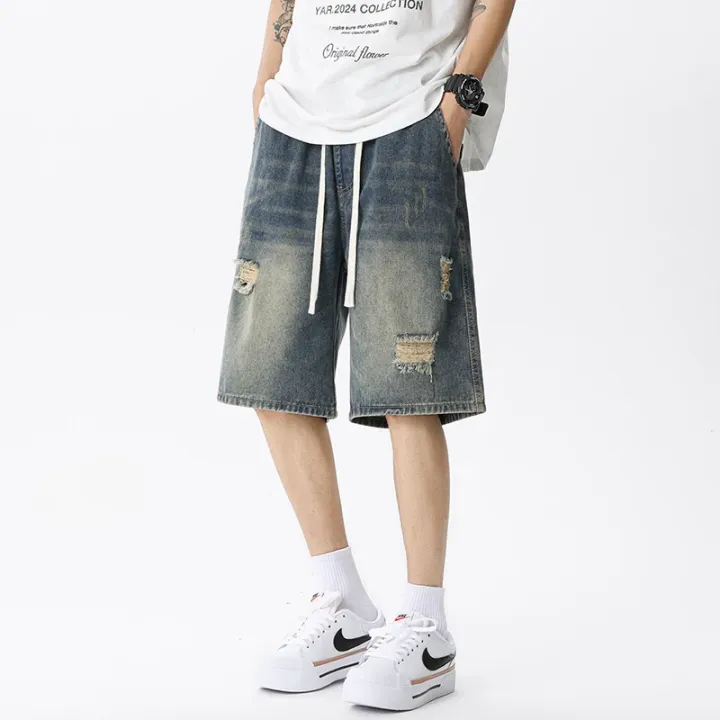 Summer%20Thin%20Denim%20Shorts%20Men's%20Retro%20Streetwear%20Blue%20Gray%20Stretch%20Straight%20Loose%20Fashionable%20Casual%20Ripped%20Short%20Jeans%20Men%20-%20Image%203