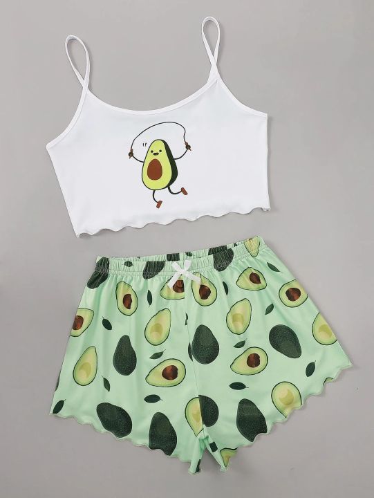 Avocado Print Camisole with Shorts Set Sleepwear Women Summer Pajamas Casual Lingerie Nightie Homewear Underwear
