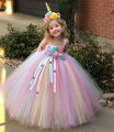 Girls Pastel Unicorn Flower Tutu Dress Kids Crochet Tulle Strap Dress Ball Gown with Daisy Ribbons Children Party Costume Dress. 
