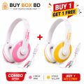 Koniycoi KT-5300MV Combo Offer Wired Stereo Headphones with Mic (Pink + Yellow) | 3.5mm Over-Ear Headset | Volume Control | For Mobile, PC, Laptop & Online Class | Buy 1 Get 1 ( Buy Nest BD ).