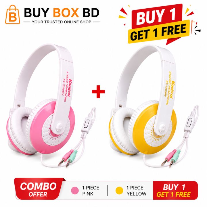 Koniycoi KT-5300MV Combo Offer Wired Stereo Headphones with Mic (Pink + Yellow) | 3.5mm Over-Ear Headset | Volume Control | For Mobile, PC, Laptop & Online Class | Buy 1 Get 1 ( Buy Nest BD )
