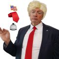 Synthetic 3pc Donald Costume Kit Red Tie Flag Pin Compatible with Pres Donald Wig Halloween Costume for Adults Couples Cosplay. 