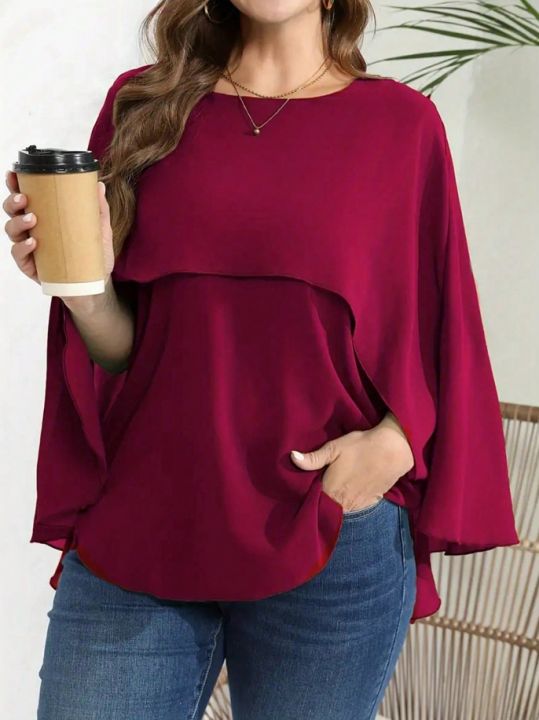 Plus%20Size%20Women%E2%80%99s%20Solid%20Layered%20Mesh%20Batwing%20Sleeve%20Round%20Neck%20Shirt%20Top%20Women%20Fashion%20and%20Comfort%20Cloak%20Top%20Clothing%20-%20Image%203