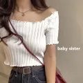 Baby Tee Short Sleeve Ribbed Knit Crop Top for Women Teengirl Square Neck Fitted Knitwear 90s Y2K Aesthetic Spring Summer Outfit. 