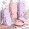 Handheld Backpack Pencil Case Cute Cartoon Dirt Resistant Canvas Three-layer Large Capacity Stationery Bag Storage Bag.