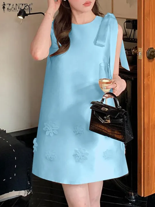 ZANZEA%20Women%20Elegant%20Sleeveless%20Mini%20Dress%20Korean%20Decor%20Flower%20Bow%20Tank%20Robe%202024%20Autumn%20Round%20Neck%20Vestidos%20Holiday%20Party%20Dress%20-%20Image%202
