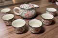 Teapot + 6 Cup Set Dorm Office Tea Set Small Pink Flowers Painted. 