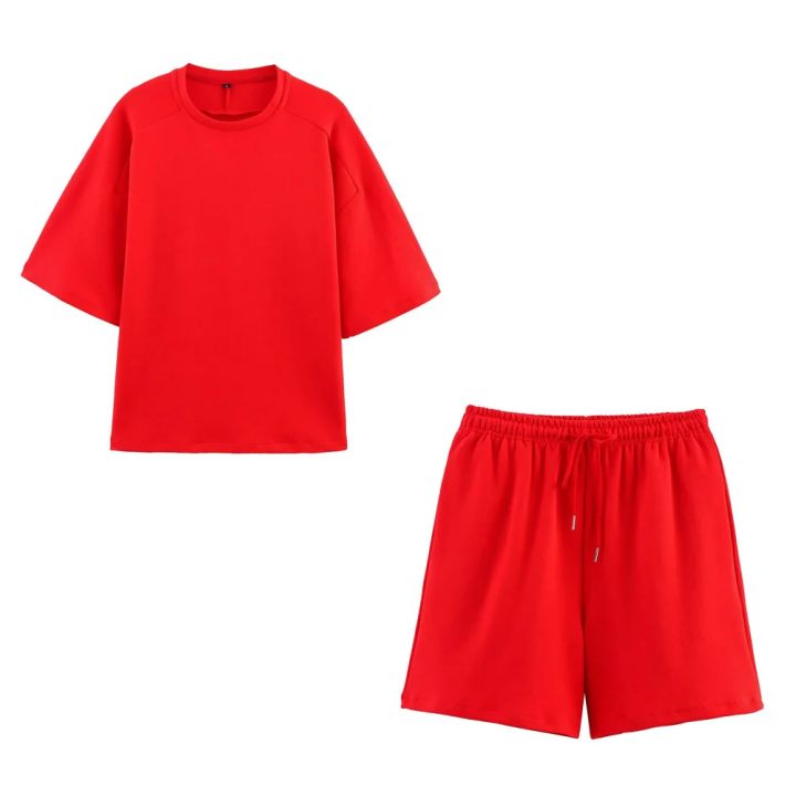 Women%20Summer%20Fashion%202%20Pieces%20Short%20Sets%20Solid%20Loose%20T-Shirt%20and%20High%20Elastic%20Waist%20%20Shorts%20Sportswear%20Female%20Chic%20Lady%20-%20Image%203