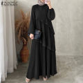 ZANZEA Modest Layered Plisse Patchwork Muslim Maxi Dress, Women's Lantern Sleeve Elegant Abaya, Islamic Hijab Pleated Robe Femme. 
