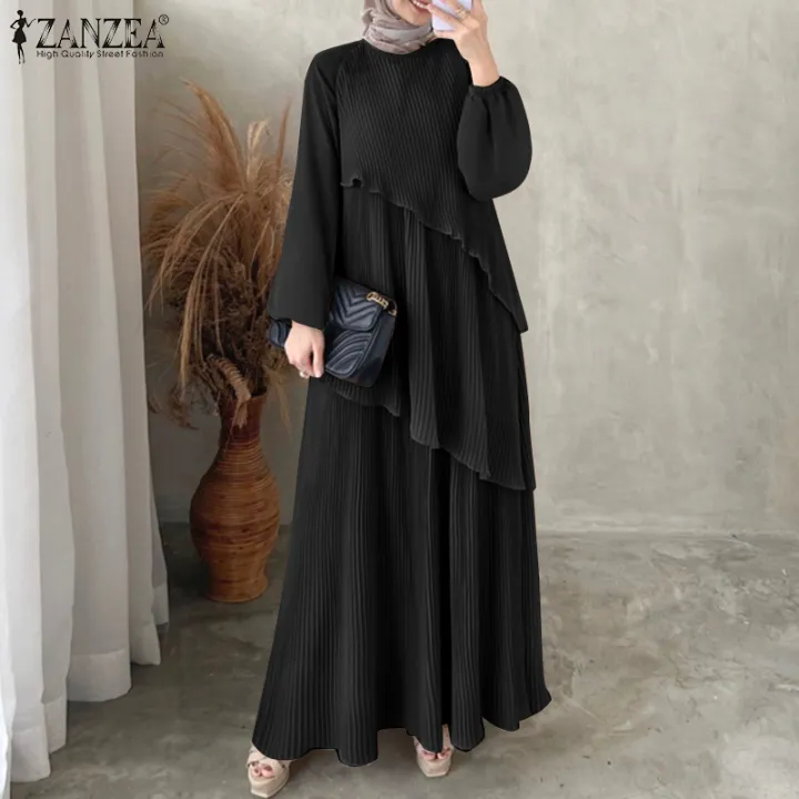 ZANZEA%20Modest%20Layered%20Plisse%20Patchwork%20Muslim%20Maxi%20Dress,%20Women's%20Lantern%20Sleeve%20Elegant%20Abaya,%20Islamic%20Hijab%20Pleated%20Robe%20Femme%20-%20Image%205