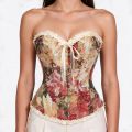Women Overbust Corset Vintage Floral Tapestry Halloween Costume Sweetheart Front Busk Ruffle Back Lace Up Boned Waist Cincher. 