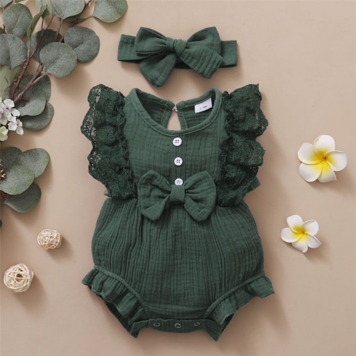 0-18%20Months%20Old%20Newborn%20Solid%20Color%20Sleeveless%20Round%20Neck%20Lace%20Edge%20Bow%20Romper+Headband%20Baby%20Girl%20Summer%20New%20Casual%20Jumpsuit%20-%20Image%204