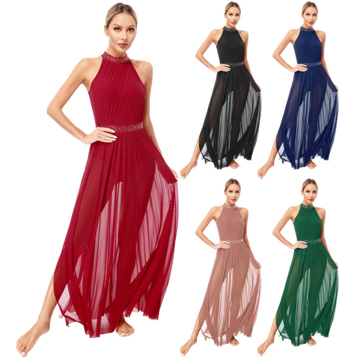 Womens%20Ballet%20Dress%20Lyrical%20Latin%20Dance%20Performance%20Costume%20Sleeveless%20Keyhole%20Back%20Shiny%20Rhinestones%20Side%20Split%20Mesh%20Maxi%20Dress%20-%20Image%202