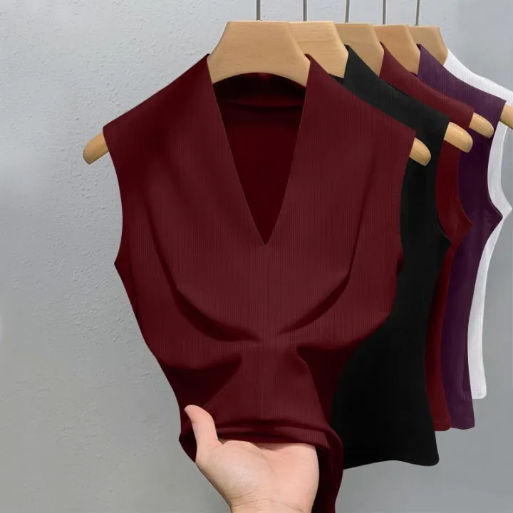 Summer%20Women's%20V-neck%20Sleeveless%20Vest%20Slim%20Fit%20Outerwear%20for%20Girls%20Solid%20Color%20%20Fashionable,%20Casual,%20Breathable%20Base%20T-shirt%20-%20Image%205