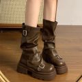New Design Women Biker Boots Platform Belt Buckle Women's Knee High Booties Harajuku Gladiator Y2K Punk Mid Pipe Booties Girls.