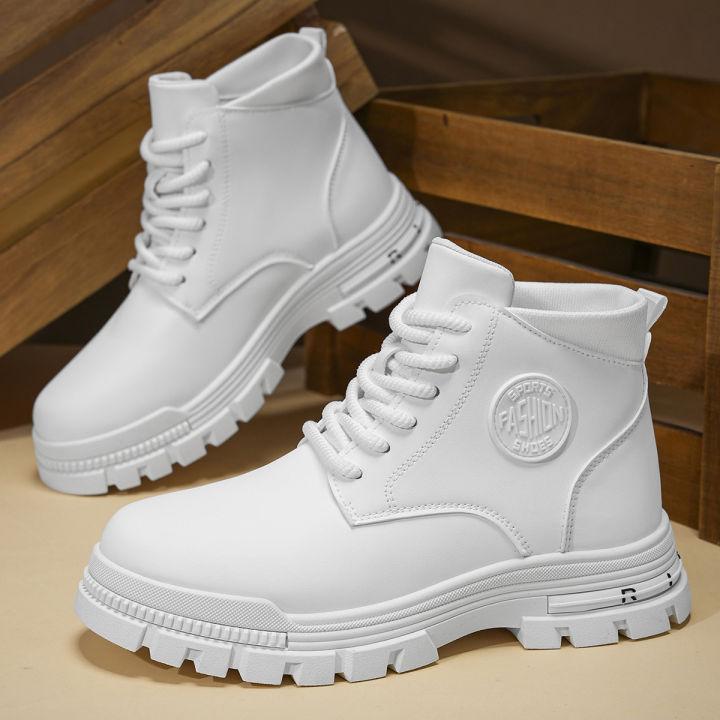Men's Fashionable All-Season White Motorcycle Boots Autumn Winter Outdoor Hiking Mountaineering Shoes Durable Comfortable