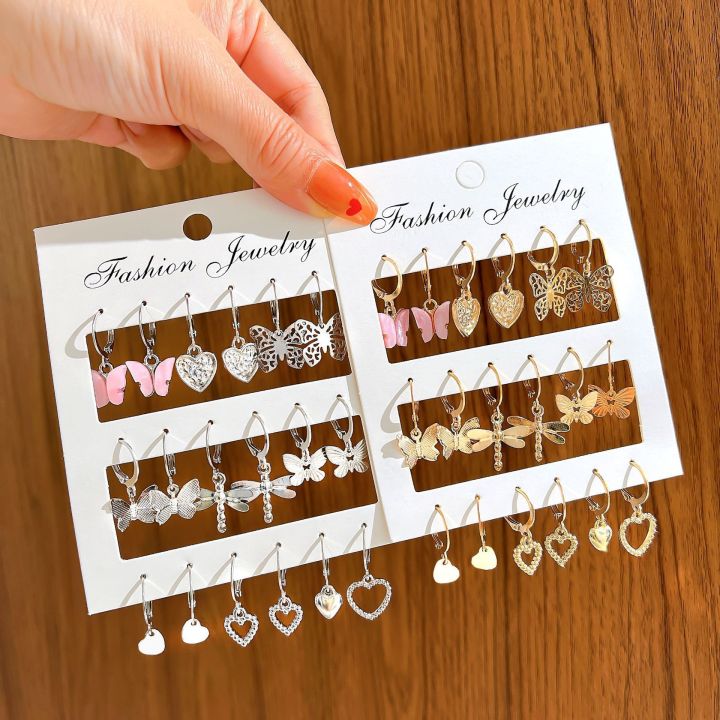9 Pcs Cute Butterfly Heart Drop Earrings Set Fashion Gold Silver Color Girls Geometric Metal Acrylic Earrings 2024 Jewelry