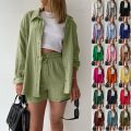 Summer Cotton Linen High Waist Shirt Shorts Women Turn Down Collar Long Sleeve Tops and Shorts Suit Cotton Casual Two Piece Sets.