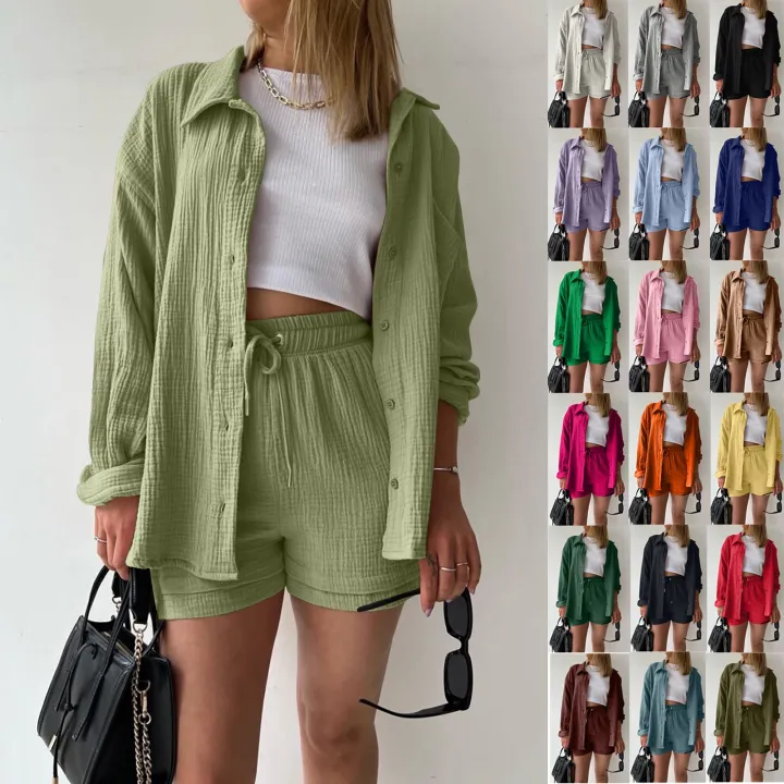 Summer%20Cotton%20Linen%20High%20Waist%20Shirt%20Shorts%20Women%20Turn%20Down%20Collar%20Long%20Sleeve%20Tops%20and%20Shorts%20Suit%20Cotton%20Casual%20Two%20Piece%20Sets%20-%20Image%202